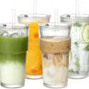 20oz Ribbed Glass Cups with Lids and Straws,4pcs Iced Glass Coffee Cup,Glass Tumblers with Lids and Straws,Coffee Glasses for Matcha, Juice, and Cocktails.