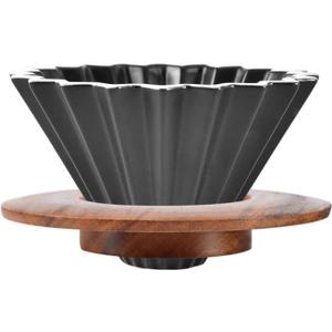 Ceramic Coffee Dripper Pour Over Coffee Maker with Wood Stand Elegant Flower Shape Filter (Black)