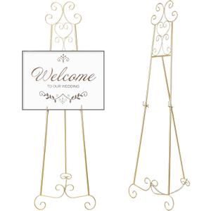 57" H Gold Metal Scroll Easel Stand for Display Wedding Sign Poster Adjustable Portable Art Easels Poster Easel with Chain Support for Showcasing Pictures Artwork Coffee Exhibition Canvas, Gold 