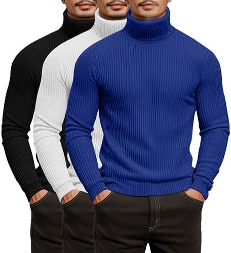 Locoowai 3 Pack Men's Ribbed Turtleneck Shirts, Long Sleeve Mock Neck Lightweight Pullover Sweaters Knit Base Layer Tee Tops Large