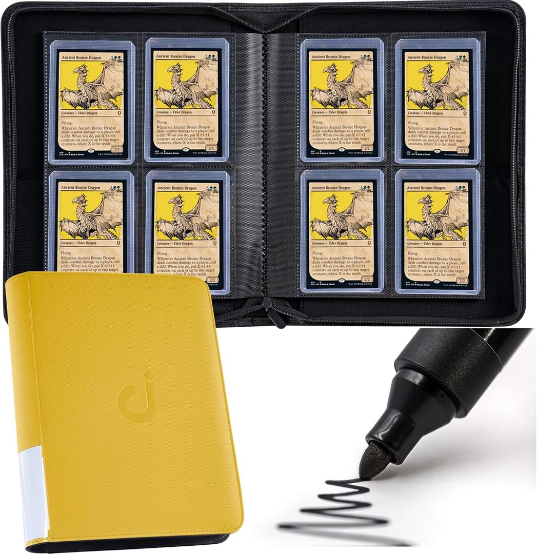 D DACCKIT Toploader Binder, Holds 128 Toploaders - 4 Pocket Top Loader Binder for 3" x 4" Rigid Card Holders for Trading Cards or Sports Cards, Classic Yellow