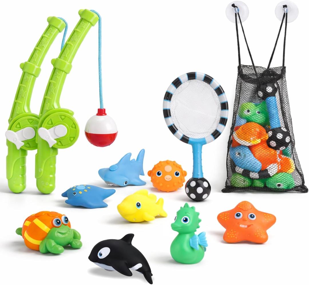 Magnetic Toddler Bath Toys - Kids Fishing Pool Game Set of 2 Fishing Poles, 8 Rubber Sea Animals, & Net - Water Toys with Mesh Organizer Bag