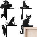 4 Pieces Halloween Door Corner Sign Decoration, Black Metal Door Frame Decor Ghost Black Cat Witch Hat Crow Halloween Frame Topper Sign for Home Window Party Decoration