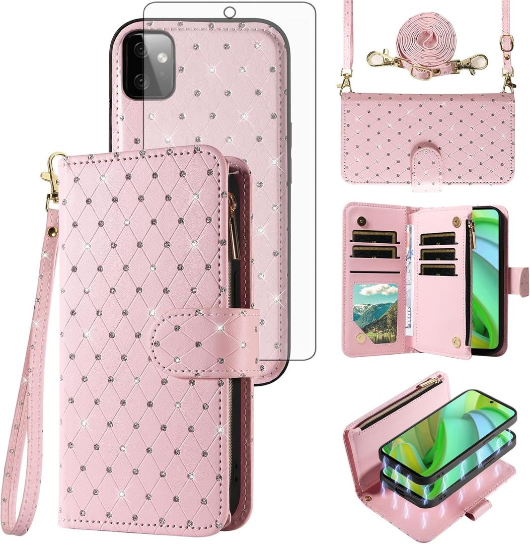 Asuwish Compatible with Motorola Moto G Power 5G 2023 Wallet Case Zipper Cell and Tempered Glass Screen Protector Crossbody Strap Glitter Flip Card Holder Phone Cover for GPower G5 Women Rose Gold (Pink)