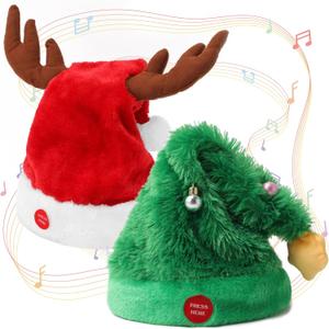 Music Swinging Electric Christmas Hat 2-Pack - Dancing Tree Hat & Reindeer Antlers Hats with Singing and Dancing Interactive Features, Plush Santa Hats for Adults & Kids