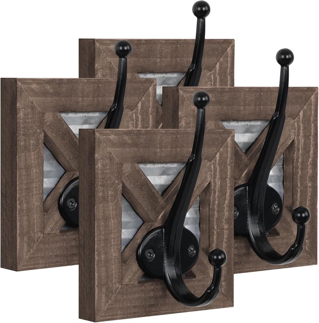 Autumn Alley Farmhouse Bathroom Hooks - 4 Pack Rustic Wall Hooks for Towels, Coats, and Robes - Wood and Galvanized Metal - Wall Mount (Brown)