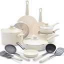 GreenLife Soft Grip 16 Piece Cookware Set, Non-Toxic PFAS-Free Ceramic Nonstick, Frying, Sauce, Saute, Utensils, Glass Lids, Stay-Cool Handles, Wobble Free, Dishwasher & Oven Safe, Cream