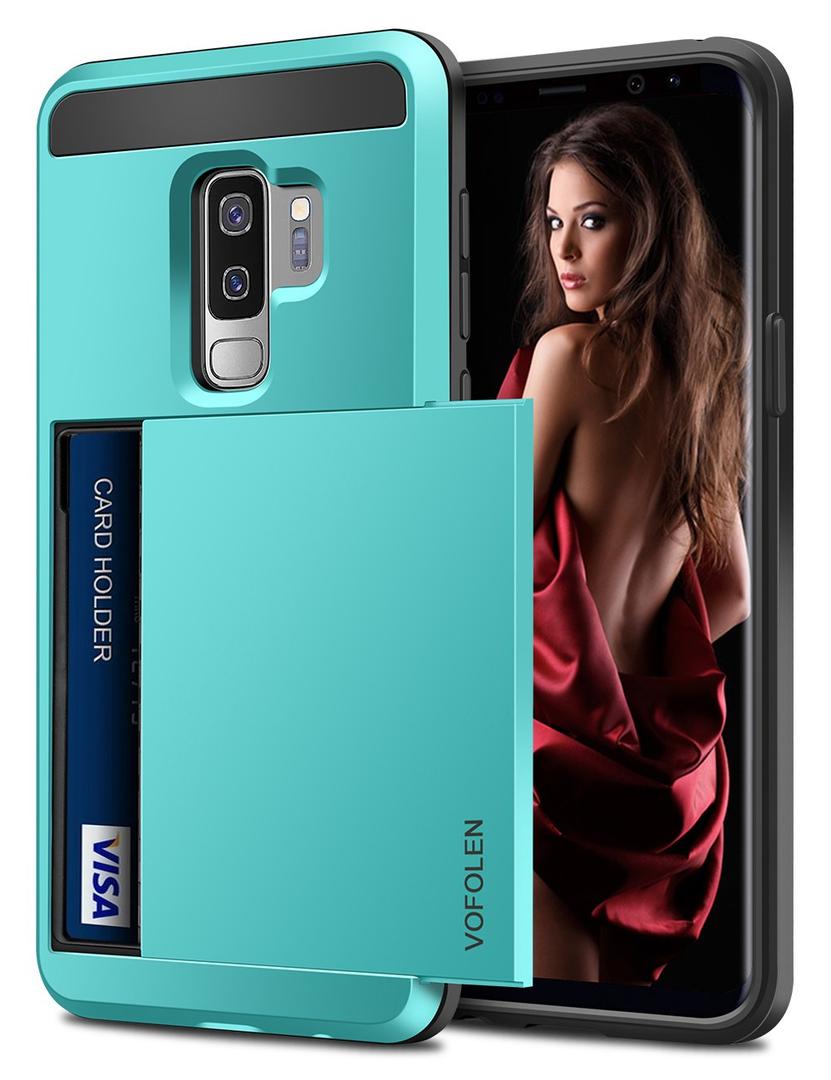 Vofolen Sliding Cover for Galaxy S9 Plus Case Wallet Credit Card Holder ID Slot Hidden Pocket Heavy Duty Protection Rugged Bumper Protective Hard Shell Armor Case for Samsung Galaxy S9 Plus Light Blue