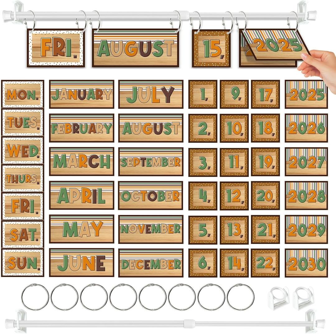 Cinrobiye Woodland Flip Calendar for Classroom 20252030,Bulletin Board Calendar Chart Set with 56 Date Cards Adjustable Rod for Teachers Homeschool Learning Wall Decor Back to School Supplies