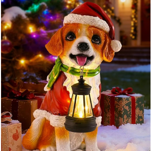 Christmas Dog Garden Statue with Solar Lantern – Santa Dog Figurine in Red Coat & Hat, Outdoor Christmas Yard & Porch Decorations, Balcony & Lawn Decor, for Dog Lovers