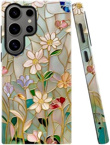 TnXee Case for Samsung Galaxy S25 Ultra,Stained Glass Bloom Flower Phone Case Drop Resistant Glossy 2 in 1 Solid Dual-Layer Cover for Girl Women