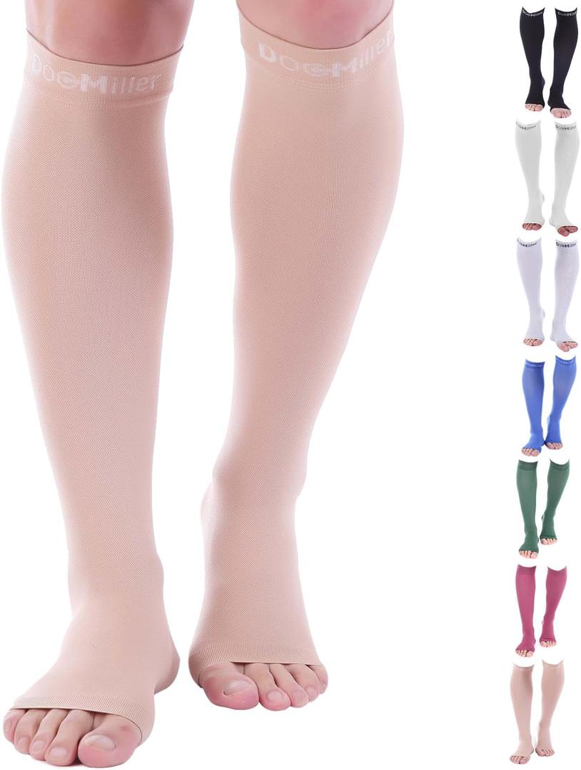 Doc Miller Open Toe Compression Socks for Men and Women, 15-20 mmHg, Calf Recovery, Medical Grade, Skin/Nude Socks, Medium (Beige)
