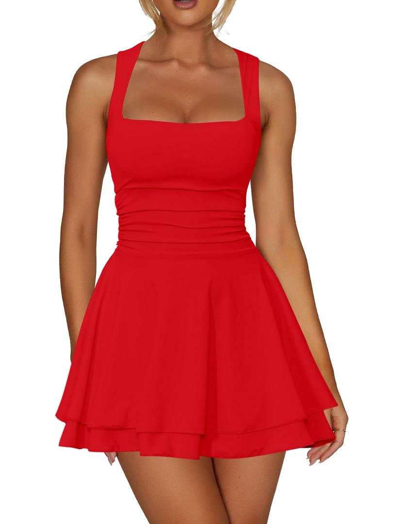 Kaximil Women's Square Neck Ruffle Hem Mini Dress Ruched Waist Short Party Dresses Size M