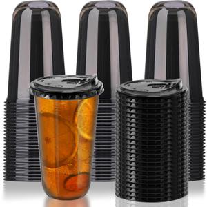 18oz Disposable Stemless Glasses With Strawless Sip Lids,PET Disposable Drinking Cups,Clear Plastic Wine Glasses for Parties Birthday,Wedding,Meeting,Christmas Party Supplies. (50, Black)