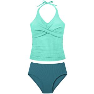Girls Swimsuit Size 8-10 Two Piece Girl Bathing Suit Halterneck Lace-up Front Cross Tummy Control Slimming Tankini Girl's Swimwear Set Lake Blue (Green)