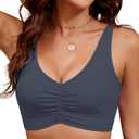 LookbookStore Bikini Tops for Women Modest Bathing Suit Padded Adjustable Ruched Sporty Cropped Tankini Swim Top Only (L)