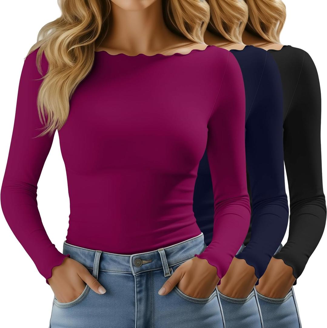 Huukeay 3 Pack Women's Long Sleeve Tops Lettuce Trim Boat Neck Shirts Slim Fit Casual Basic Fitted Tees (S)