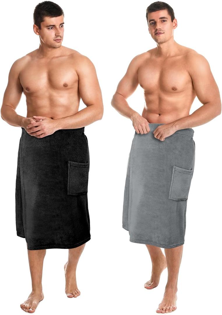 Tudomro 2 Pcs Men's Bath Wrap Towel Medium Shower Adjustable Terry Body Spa Towel with Pocket After Shower Wrap for Men Gift Spa College Bath Dorm Room Gym(Black, Gray), Size: Medium