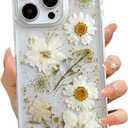 for iPhone 14 Pro Max Clear Case with Pressed Real Flowers Design,Glitter Cute White Floral Pattern Slim Soft TPU Protective Women Girl's Phone Cover for iPhone 14 Pro Max