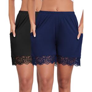 Under Dress Shorts Anti Chafing Boyshorts Women Satin Pettipants Lace Slip with Pockets 2 Packs (Small, Black+navy Blue)
