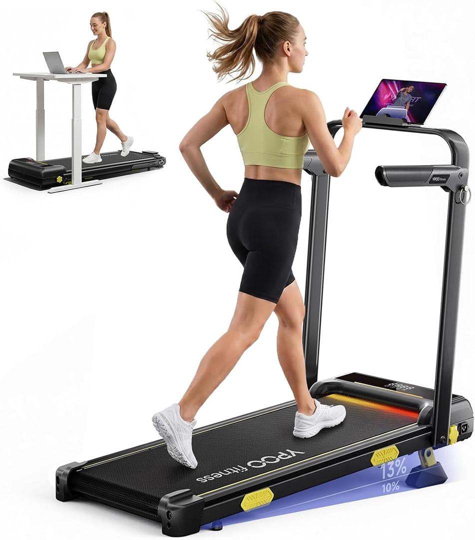 YPOO 13% Incline Walking Pad Handle 6.2MPH RGB Light Foldable | Home & office, 13% incline with RGB light, 6.2MPH speed, handle bar, 300LBS, Portable Folding Walking Treadmills & App