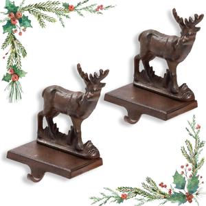 2 Pack Christmas Stocking Holders for Mantle, Metal Heavy Duty Stocking Hangers, Fireplace Hooks Reindeer Christmas Ornaments for Counter Tables Window Decoration, Brown