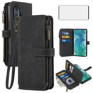 Asuwish Phone Case for Moto Edge Plus 2020 Wallet Cover and Tempered Glass Screen Protector Leather Flip Credit Card Holder Stand Lanyard Folio Cell Accessories Motorola Edge+ + XT2061 Women Men Blue