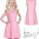 2 Pcs 90s Sweet Women Costume Pop Star Costume Boat Neck Pink Dress with Pendant Necklace for Halloween Cosplay (L)