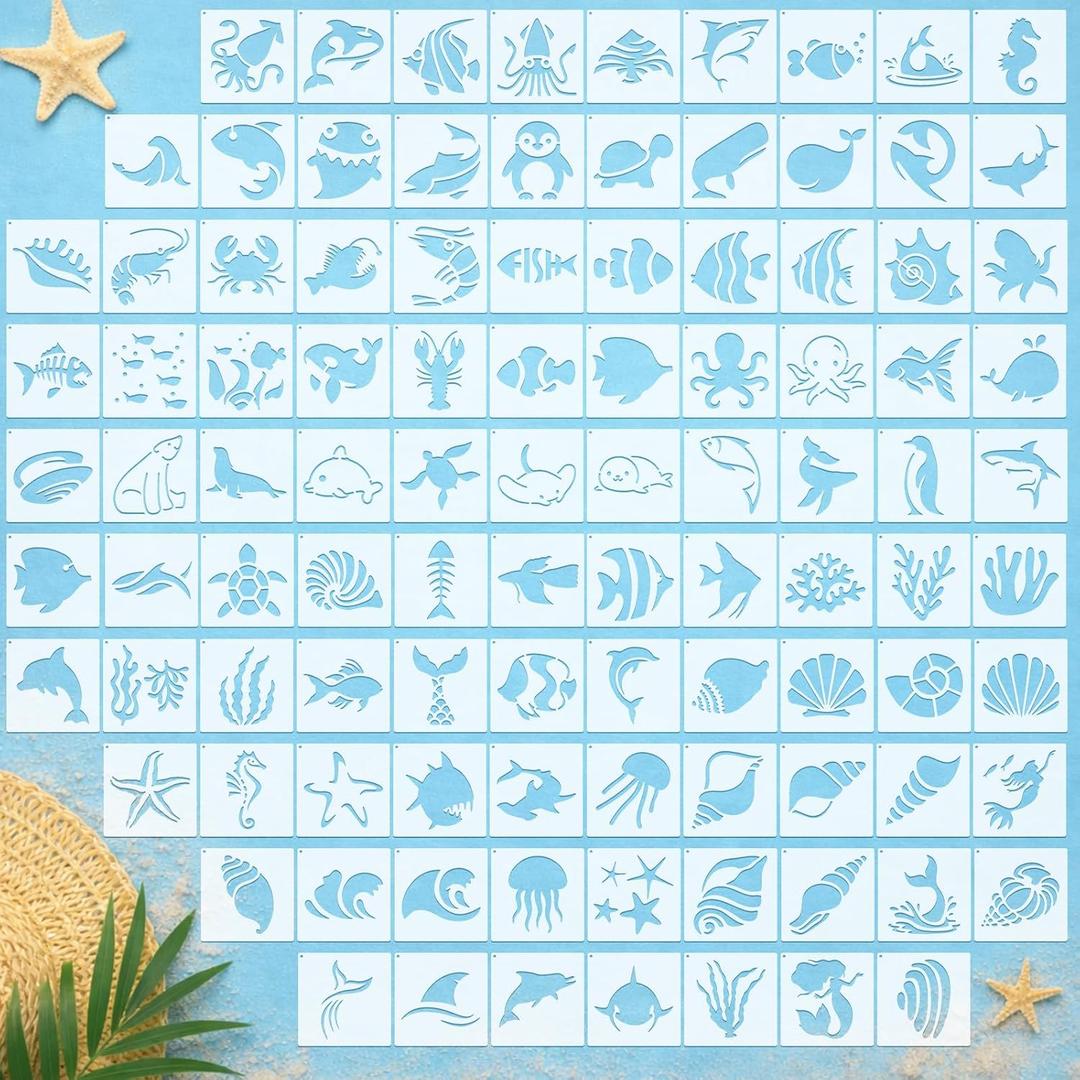 Fainne 100 Pcs Small Stencils for Crafts, 1.5 Inch Reusable Painting Stencils Painting Crafts Templates for Wood, Wall, Home Decor, Canvas, Fabric (Marine Life)