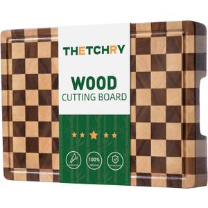 THETCHRY Cutting Boards for Kitchen, Checkered Cutting Board End Grain, Acacia Wooden Chopping Board with Juice Groove & Handle, Serving Tray for Meat, Bread & Fruit, 14"L x 11"W x 0.8"Th
