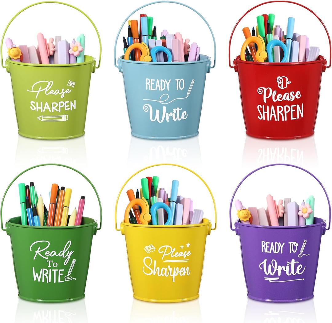 Reallnaive 6 Pack Sharp and Dull Pencil Buckets Set 4.7x4 Inch Colored Metal Tin Pails for Classroom Back to School Crafts Pencil Holder for Office Management Organization Party Decor Supplies