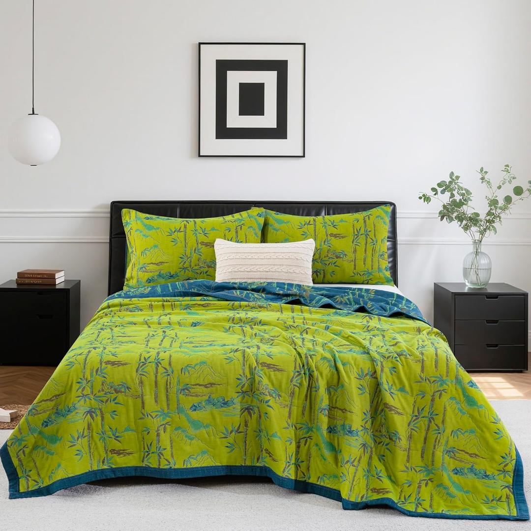 100% Cotton Muslin Jacquard 3 Piece Quilt Set Botanical Bamboo Leaf Print, Soft 3 Layers Gauze Bed Cover Reversible Bedspread Coverlet Breathable Lightweight Bedding Set, Queen (Green Teal)