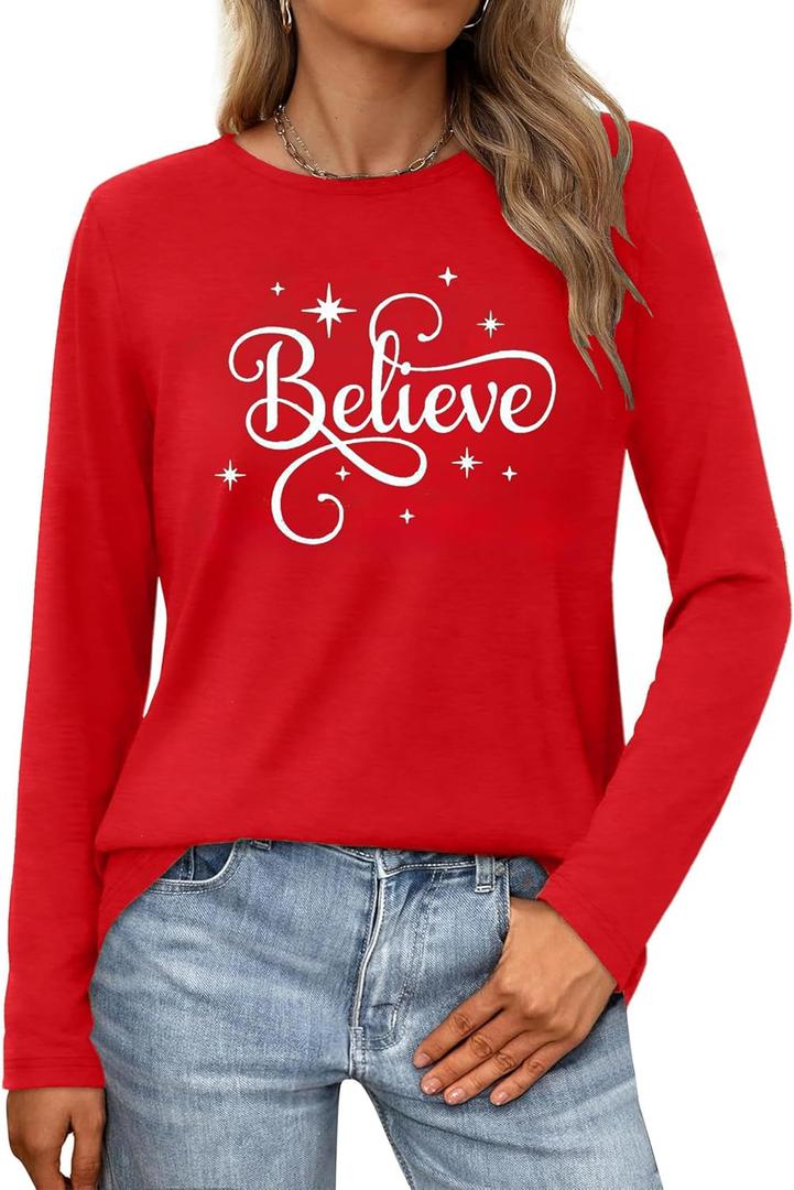 Christmas Shirts for Women Believe Shirt Cute Merry and Bright Pullover Top Xmas Long Sleeves Tops (M)
