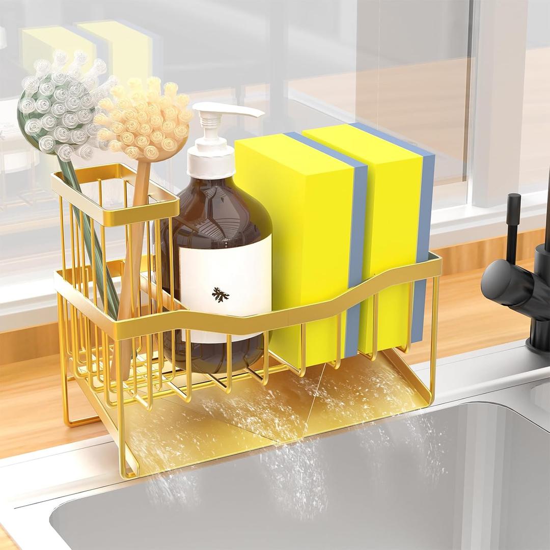 Fssvcd Maifan Sink Caddy Sponge Holder for Kitchen with Brush Holder and Stainless Steel Self Drain Tray, Rustproof Kitchen Sink Organizer for Sponge, Soap Dispenser Storage Accessories (Dark Gold Yellow)