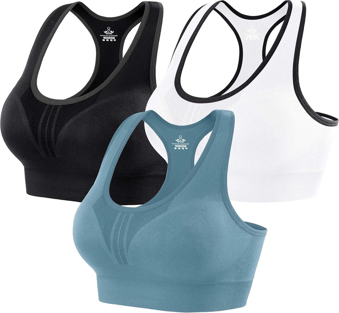 Heathyoga High Impact Sports Bras for Women High Support Padded Sports Bra Workout Bras for Women Racerback Bra for Yoga (3X-Large, 3 Packs-black+white+blue)