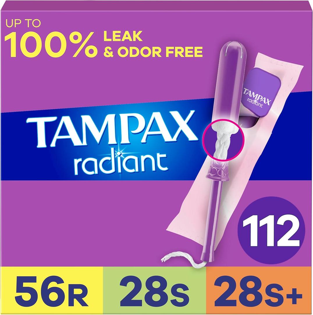 Tampax Radiant Tampons for Women Multipack, with LeakGuard Braid, Regular/Super/Super Plus Absorbency, Unscented, 112 Count (4 Packs of 28) Tampax Radiant Tampons for Women Multipack, with LeakGuard Braid, Regular/Super/Super Plus Absorbency, Unscented, 112 Count (4 Packs of 28)