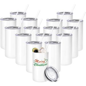 16 Pack Sublimation Tumblers Blanks Bulk Sublimation Cups Skinny Straight Tumbler Stainless Steel Double Wall Insulated Water Bottles with Lid & Straw for DIY Gift, 12oz White