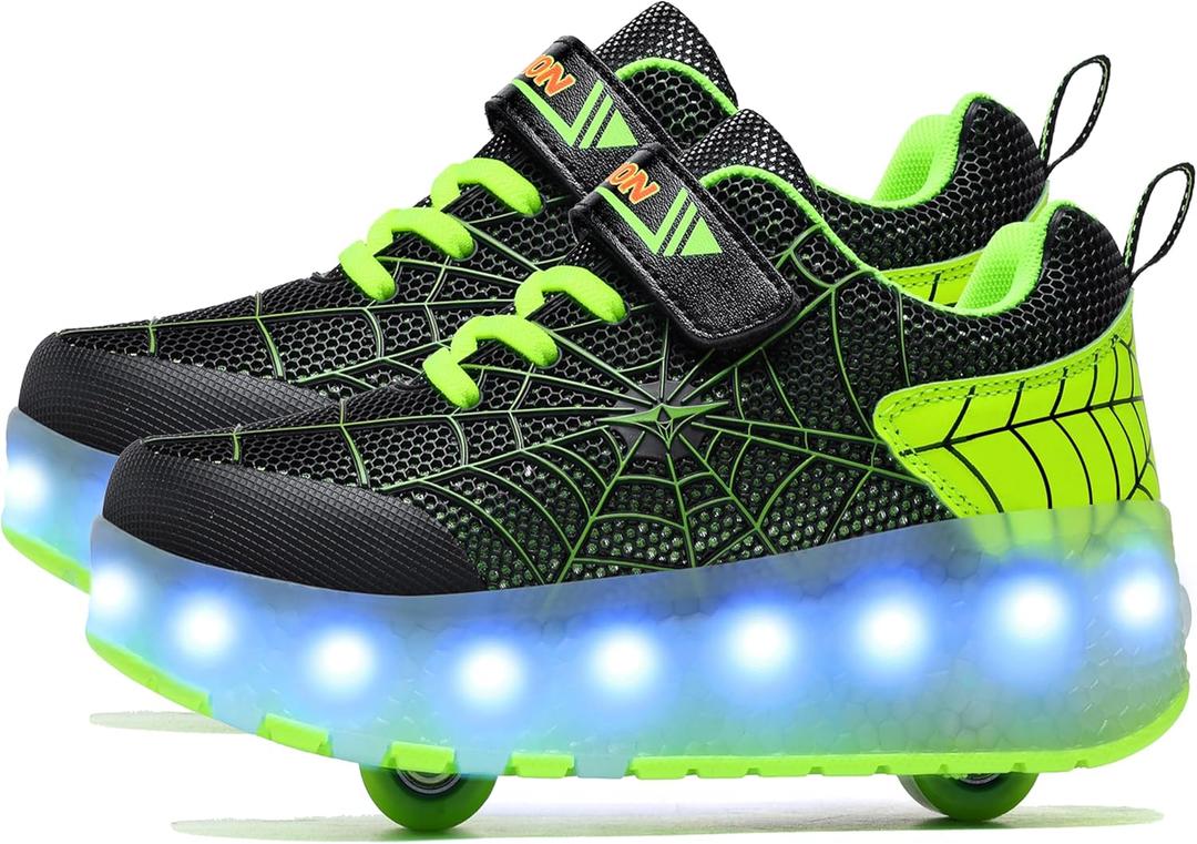 Aikuass USB Chargable LED Light Up Roller Shoes Wheeled Skate Sneaker Shoes for Boys Girls Kids (3.5 Big Kid, B808-double Wheels-black/Green)