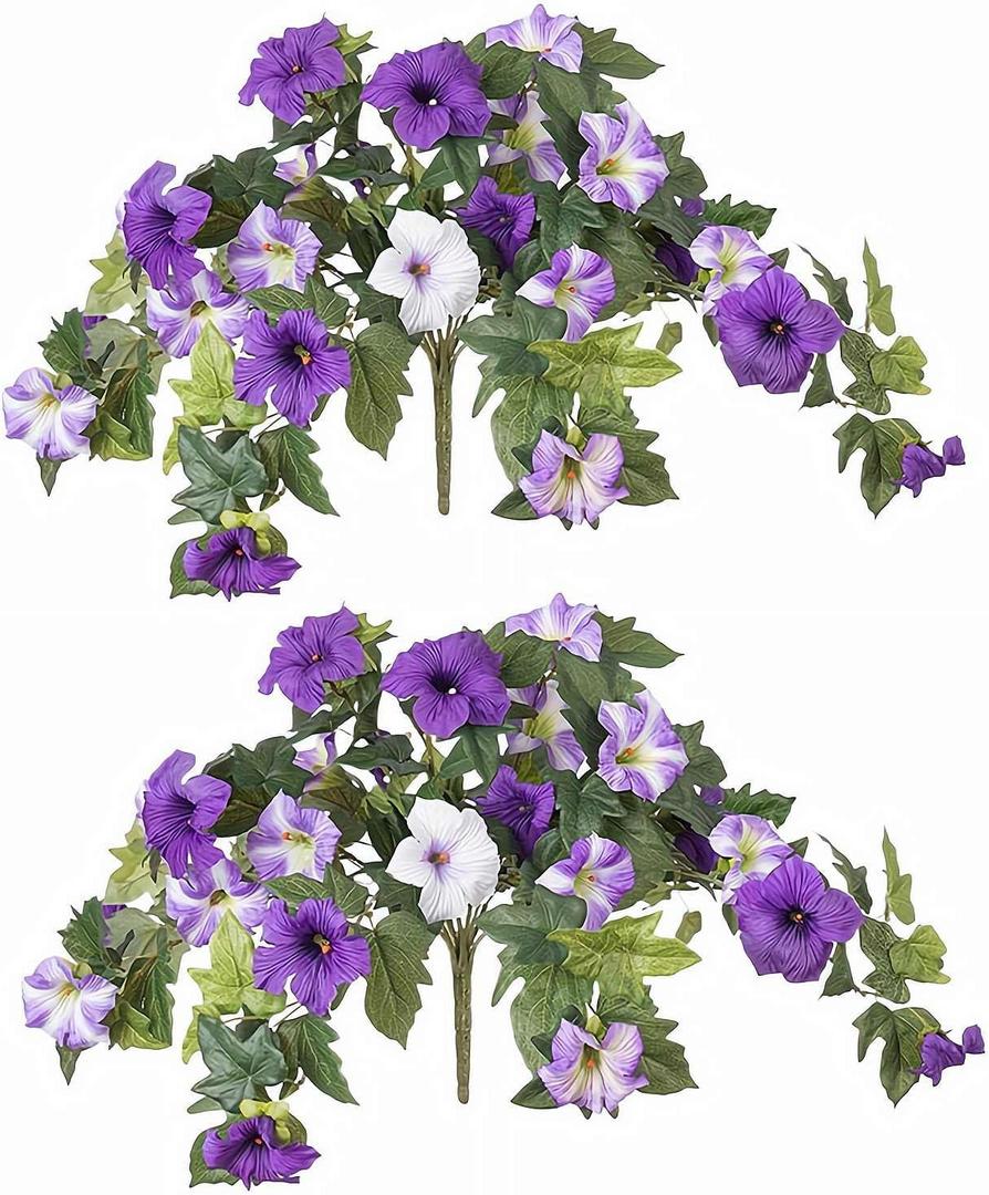 Spring Faux Petunias Silk Flower UV Resistant No Fade Floral, Realistic Morning Glory Artificial Flowers Morning Glory Vine for Garden, Patio, or Home Decor (Purple 2pcs)