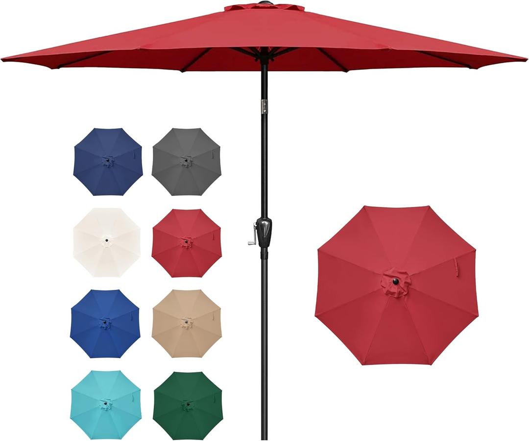 Simple Deluxe 9FT Outdoor Patio Umbrella Table Market Umbrella with Push Button Tilt and Crank, 8 Sturdy Ribs, UV Protection Waterproof for Garden, Lawn, Deck, Backyard, Pool, Red