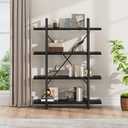 HSH 4 Tier Black Bookshelf, Industrial Metal Wood Storage Book Shelves