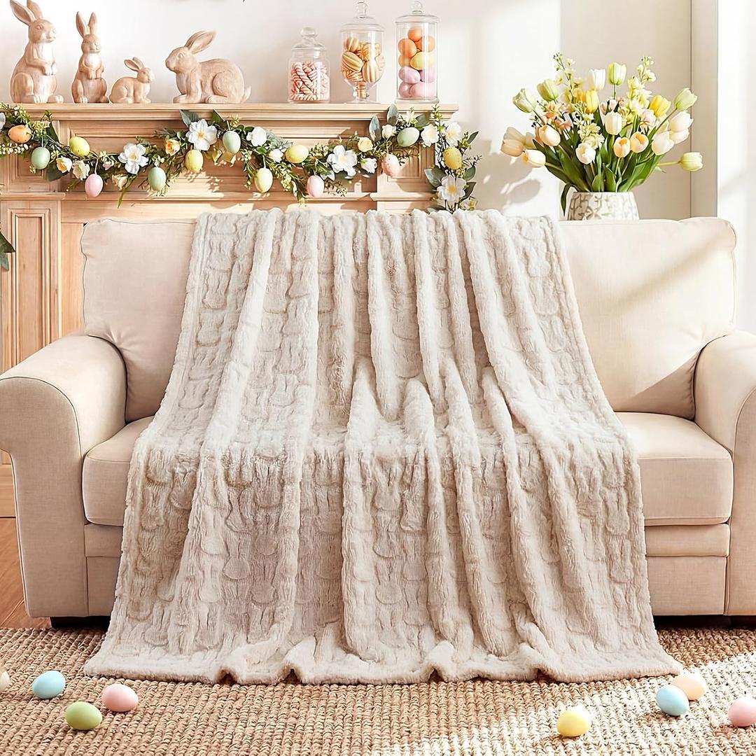 Moukeren Spring Easter Bunny Throw Blanket 50" x 60" - 3D Jacquard Bunny Throws, Cozy Soft Rabbit Spring Plush Easter Gifts for Living Room Couch Sofa Bed Decor(Cream)