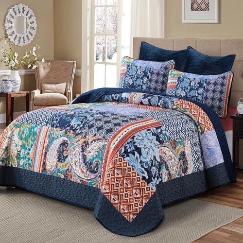 DJY Navy Patchwork Quilt Set King Size Blue Bedspread Boho Paisley Floral Pattern Quilt Bedding Set, 3 Pieces Navy Bohemian Soft Lightweight Coverlet for All Season 110''x90''