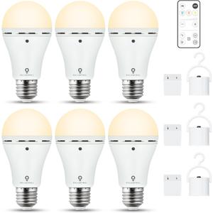 RELAMPBOL 6 Pack Rechargeable Emergency Light Bulbs with Remote Timer and 3 Color Temperatures, Battery Backup Bulb for Sconces and Lamps - Dimmable 9W Power Outage Blackout LED Bulbs