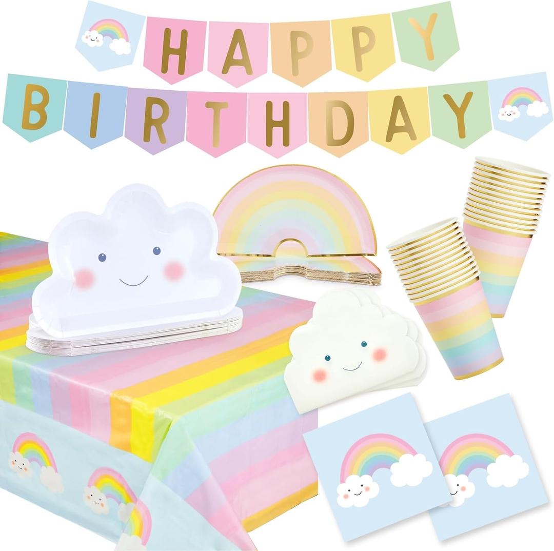 BLUE PANDA Rainbow Party Decorations Set - 99-Piece Set, Serves 24, Pastel Rainbow & Cloud Theme - Includes Cloud Plates - Multicolor Plates & Napkins - Happy Birthday Banner