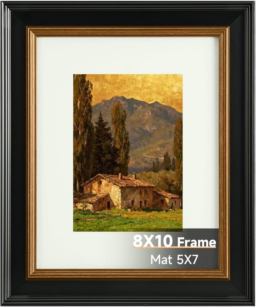 8x10 Black and Gold Picture Frame, 8 x 10 Vintage Frame with Real Glass, Display 5x7 Photo with Mat or 8x10 without Mat, Wall Hanging & Tabletop Ornate Poster Frames for Gallery Antique Dco