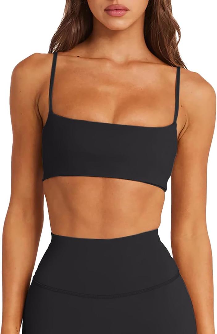 LASLULU Womens Adjustable Spaghetti Straps Sports Bra Square Neck Wireless Padded Workout Yoga Crop Tops (Black, S)