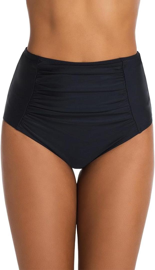 Micosuza Women's Ruched Swim Bottom Tummy Control High Waist Swim Brief (12, Black)
