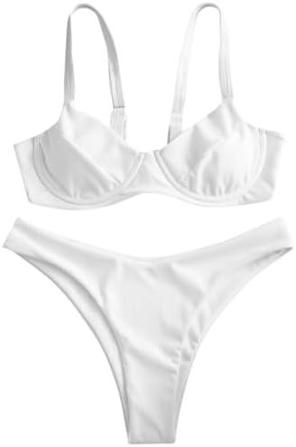 ZAFUL Women's Ribbed Underwire Bikini Set High Cut Colorblock V Notch Swimwear Printed High Leg Swimsuit Medium