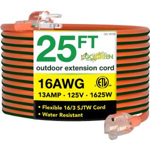 Go Green Power Inc. 16/3 25ft Outdoor Extension Cord with Lighted End - Contractor Grade, Durable, and Moisture Resistant - Ideal for Heavy Duty Tools - GG-13725 (Orange)